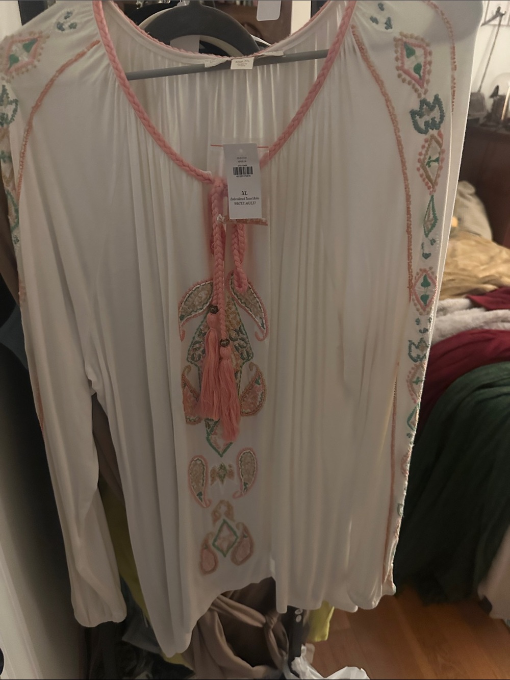 Boston Proper White Embroidered Peasant Tunic with Pink Tassels